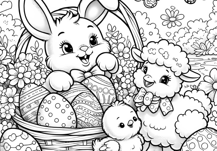 Doux lapin de Pâques avec panier de Pâques, poussin de Pâques, mouton et papillon : coloriage (gratuit)