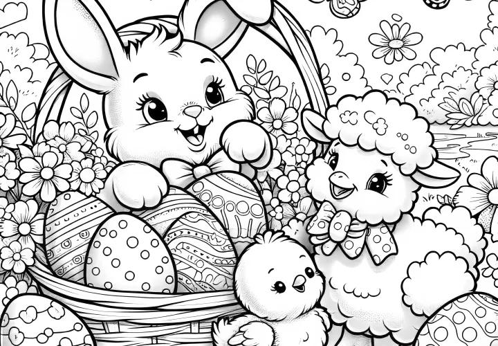 Sweet Easter bunny with Easter basket, Easter chick, sheep, and butterfly: Coloring picture (Free)