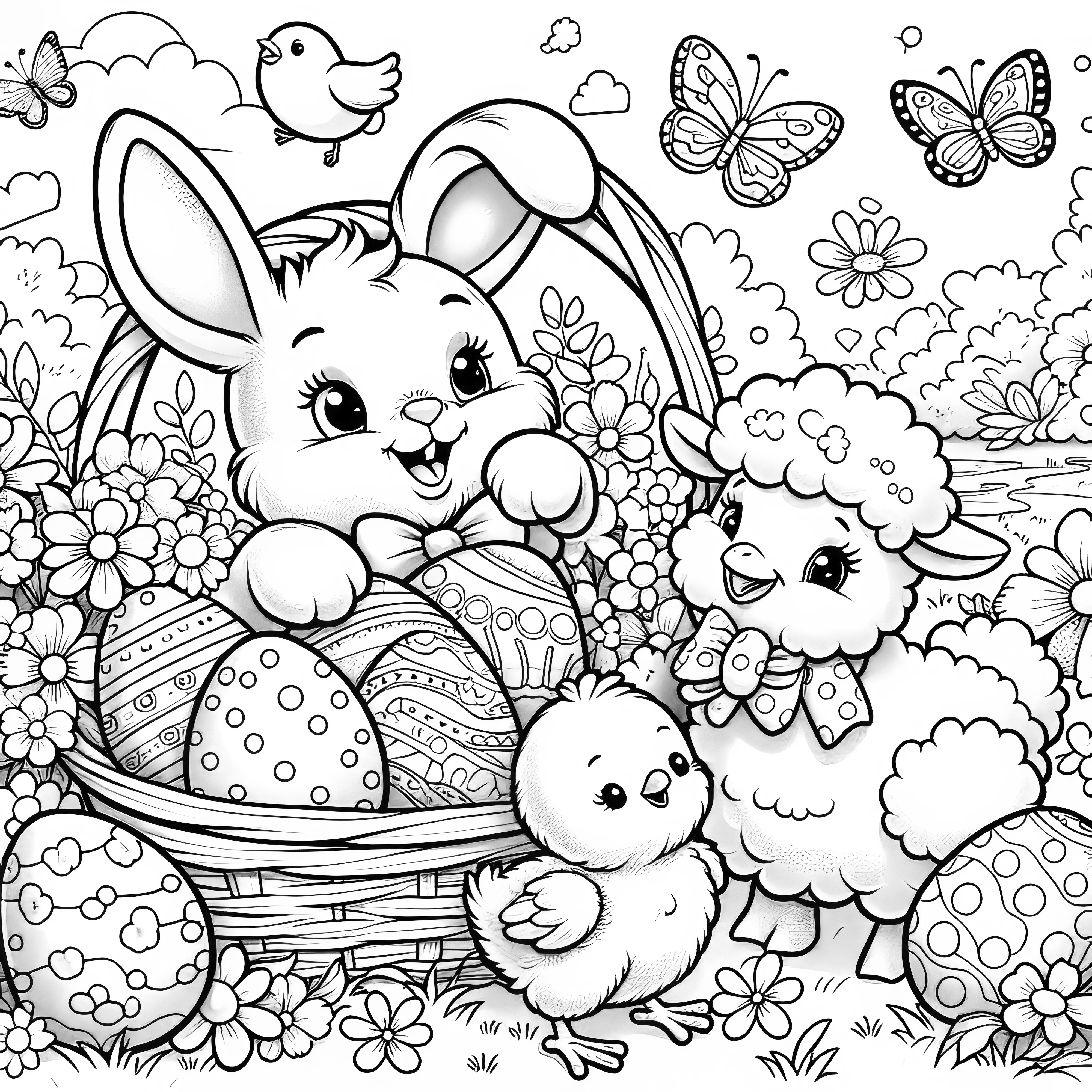 Doux lapin de Pâques avec panier de Pâques, poussin de Pâques, mouton et papillon : coloriage (gratuit)