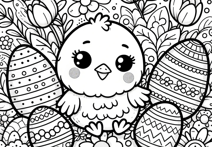 Poussins de Pâques entre œufs de Pâques et fleurs : coloriage à télécharger