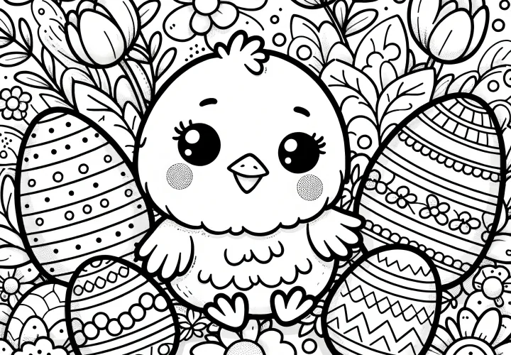 Easter chicks among Easter eggs and flowers: coloring page for download