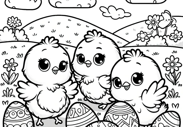 Three Easter chicks with Easter eggs: Picture to color (Free)