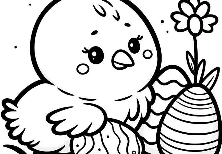 Big Easter chick with Easter eggs: Simple coloring template for children (Free)