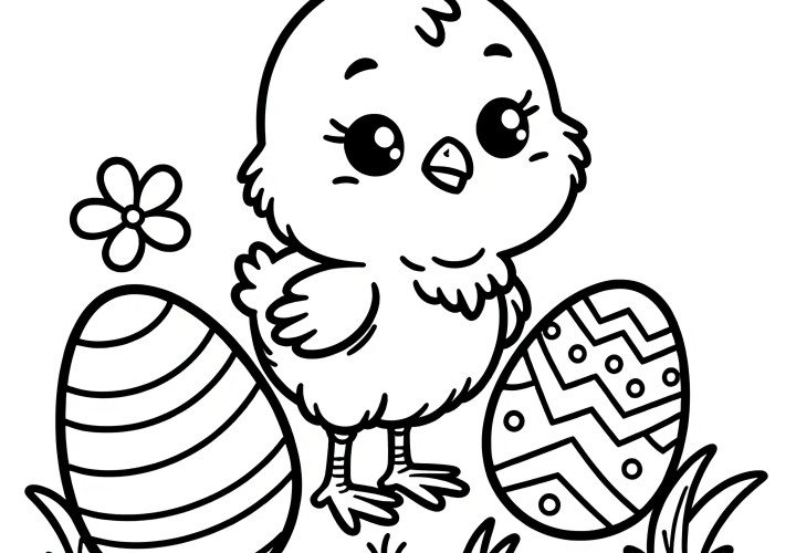 Petit poussin de Pâques avec deux œufs de Pâques: Coloriage simple (Gratuit)