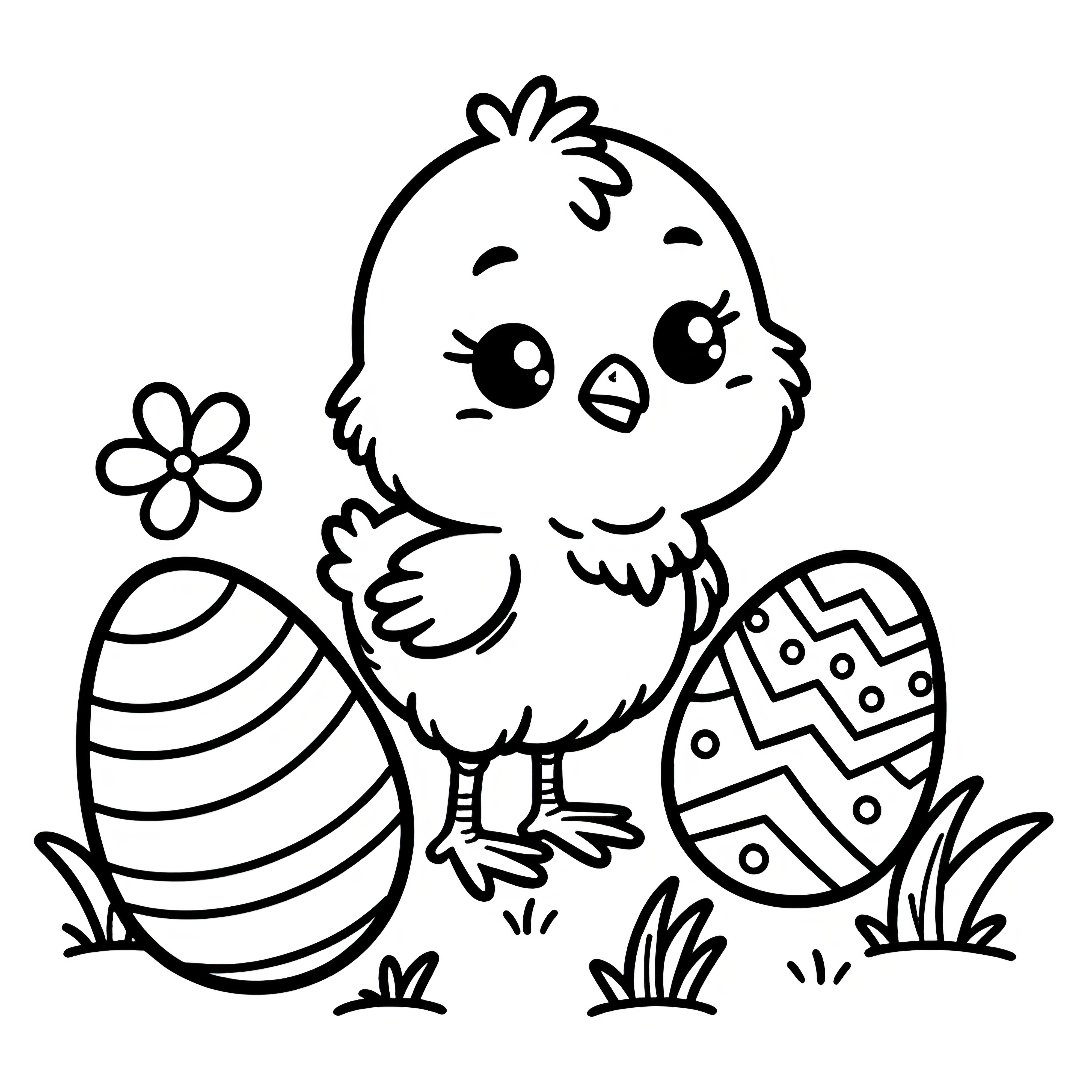 Petit poussin de Pâques avec deux œufs de Pâques : Coloriage simple (gratuit)