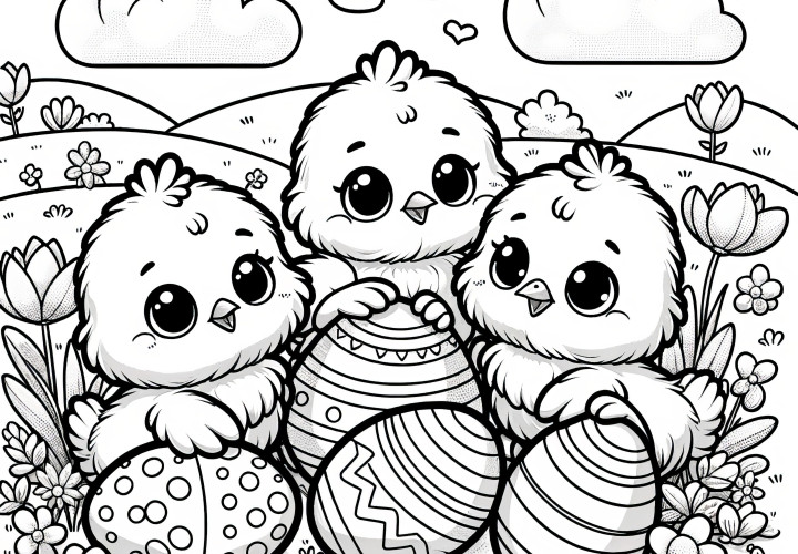 Trois adorables poussins de Pâques avec des œufs de Pâques : coloriage gratuit à télécharger