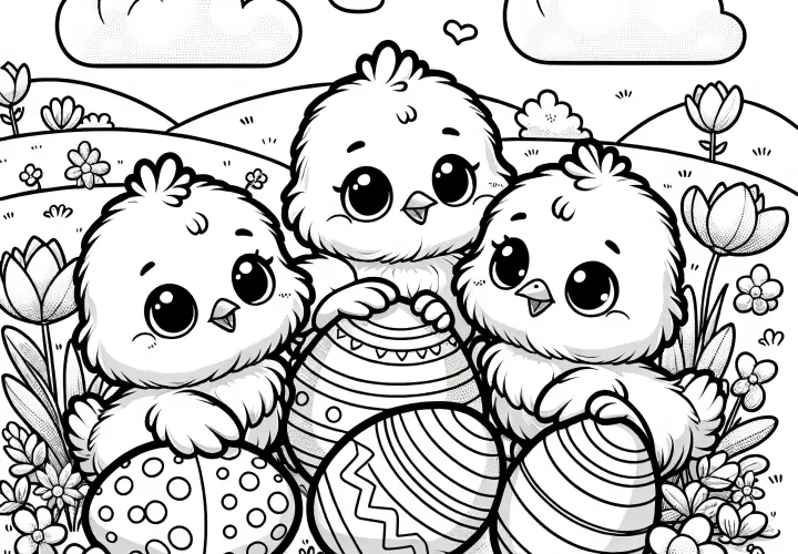 Three cute Easter chicks with Easter eggs: coloring page available for free download