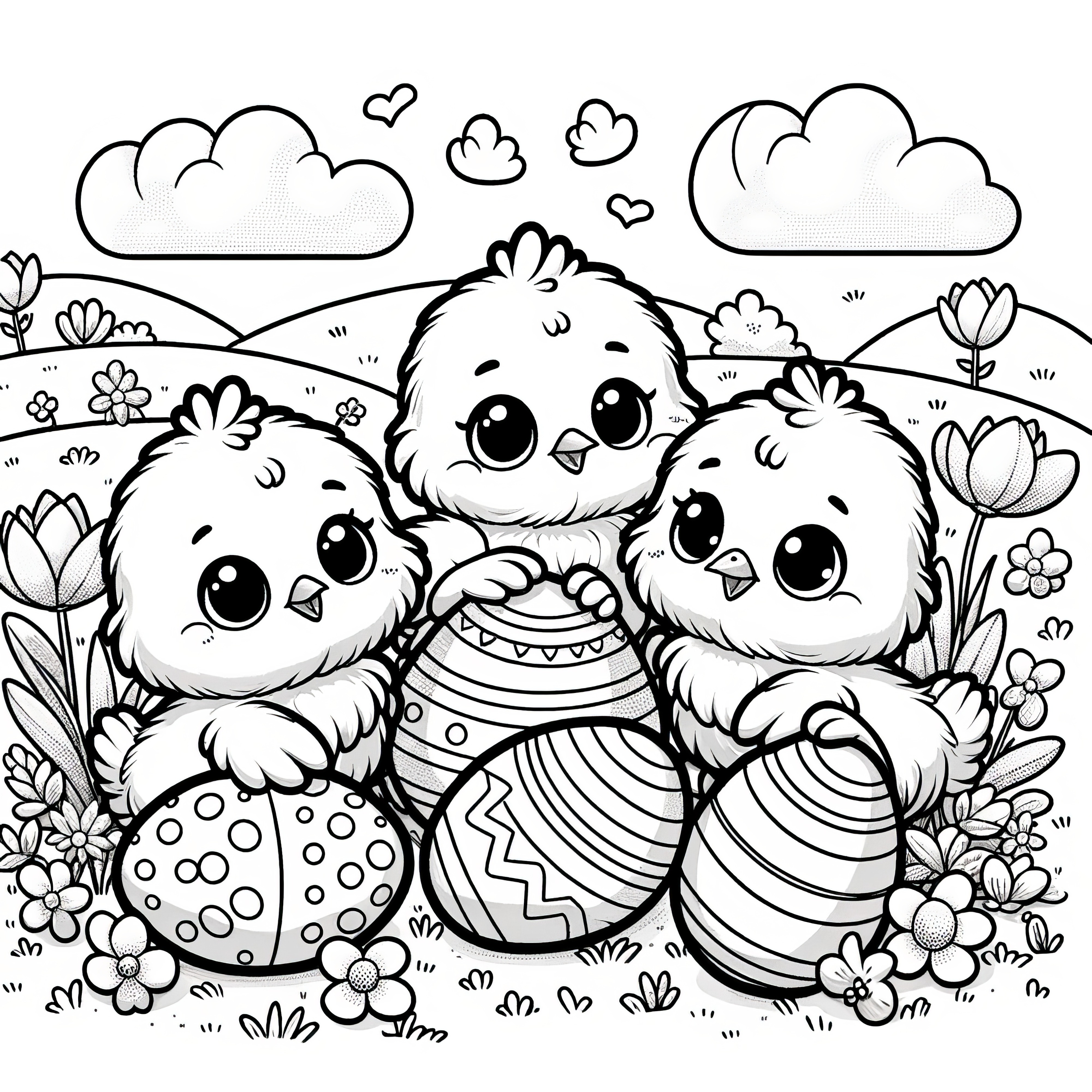 Trois adorables poussins de Pâques avec des oeufs de Pâques: coloriage gratuit à télécharger