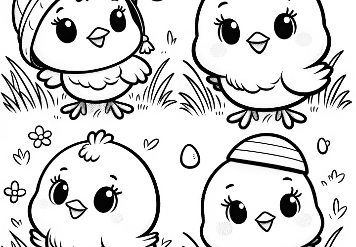 Quatre adorables poussins de Pâques dans un pré à colorier (Gratuit)