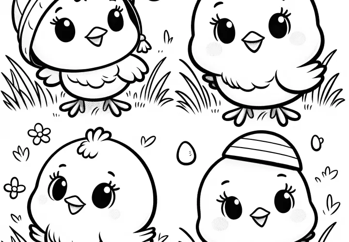 Quatre adorables poussins de Pâques dans un pré à colorier (Gratuit)