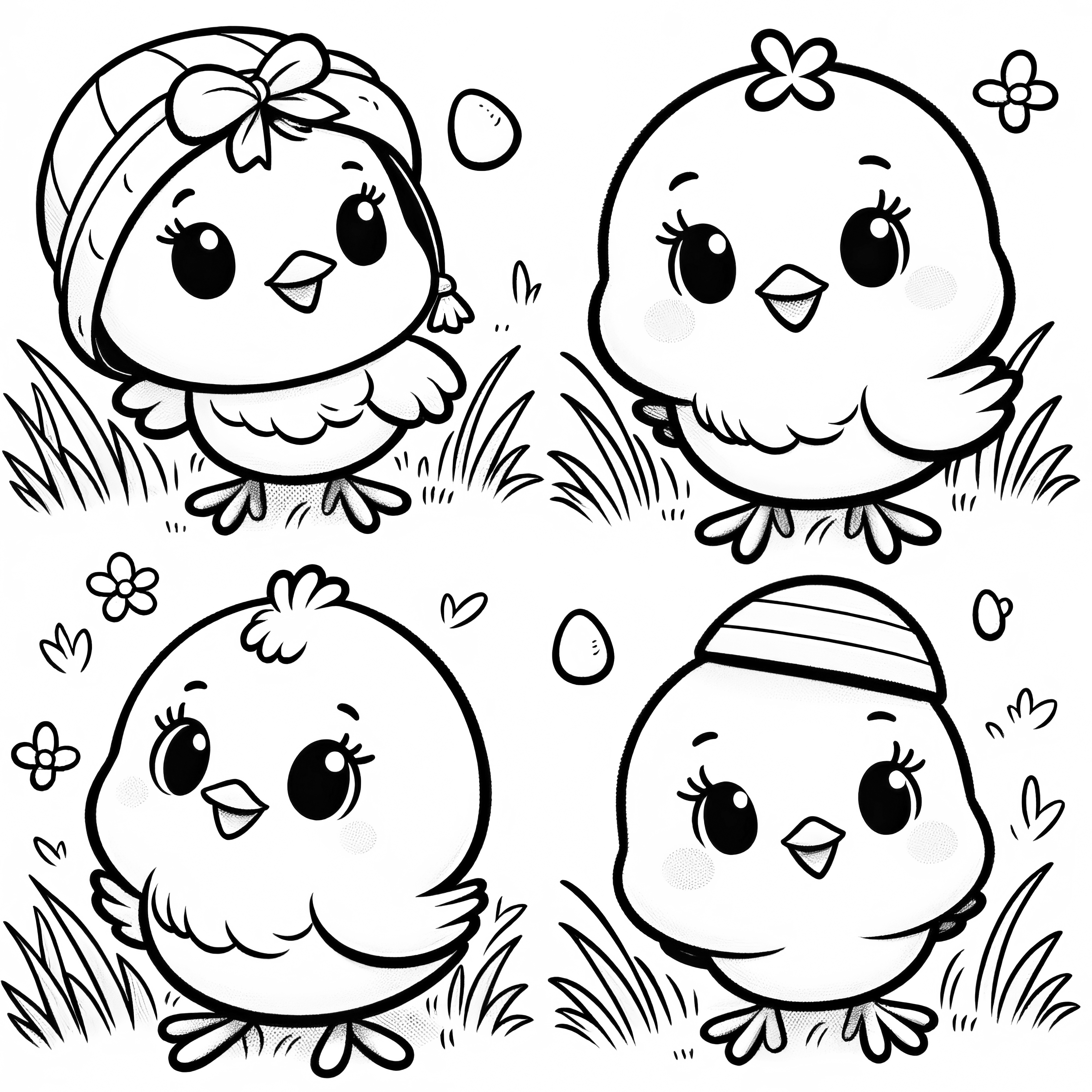 Quatre adorables poussins de Pâques dans un pré à colorier (gratuitement)