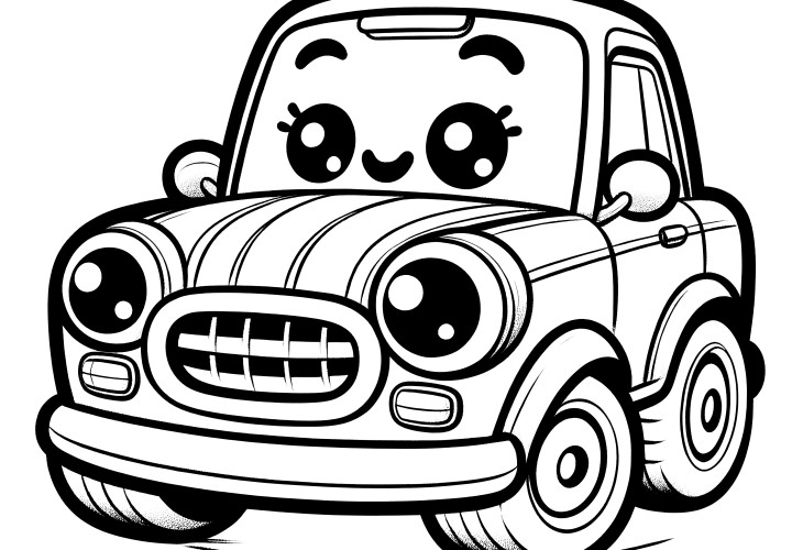 Voiture mignonne avec un visage : Modèle de coloriage simple pour les enfants (Gratuit)