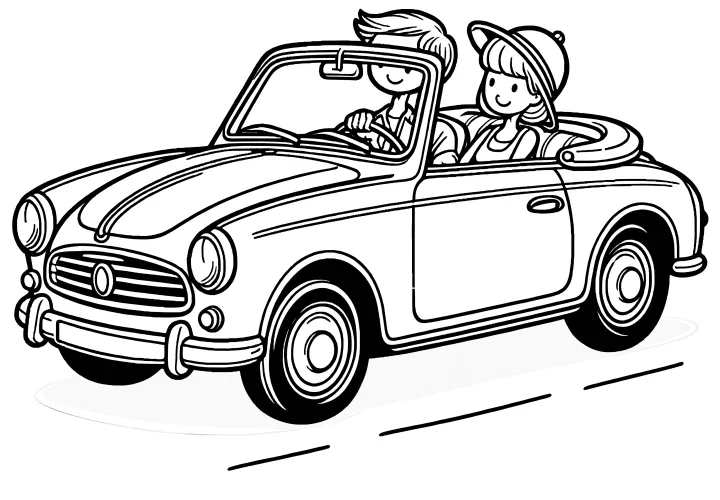 Couple in a convertible: coloring picture for download (free)