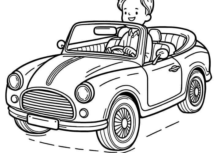 Homme joyeux dans une décapotable : coloriage pour enfants (gratuit)