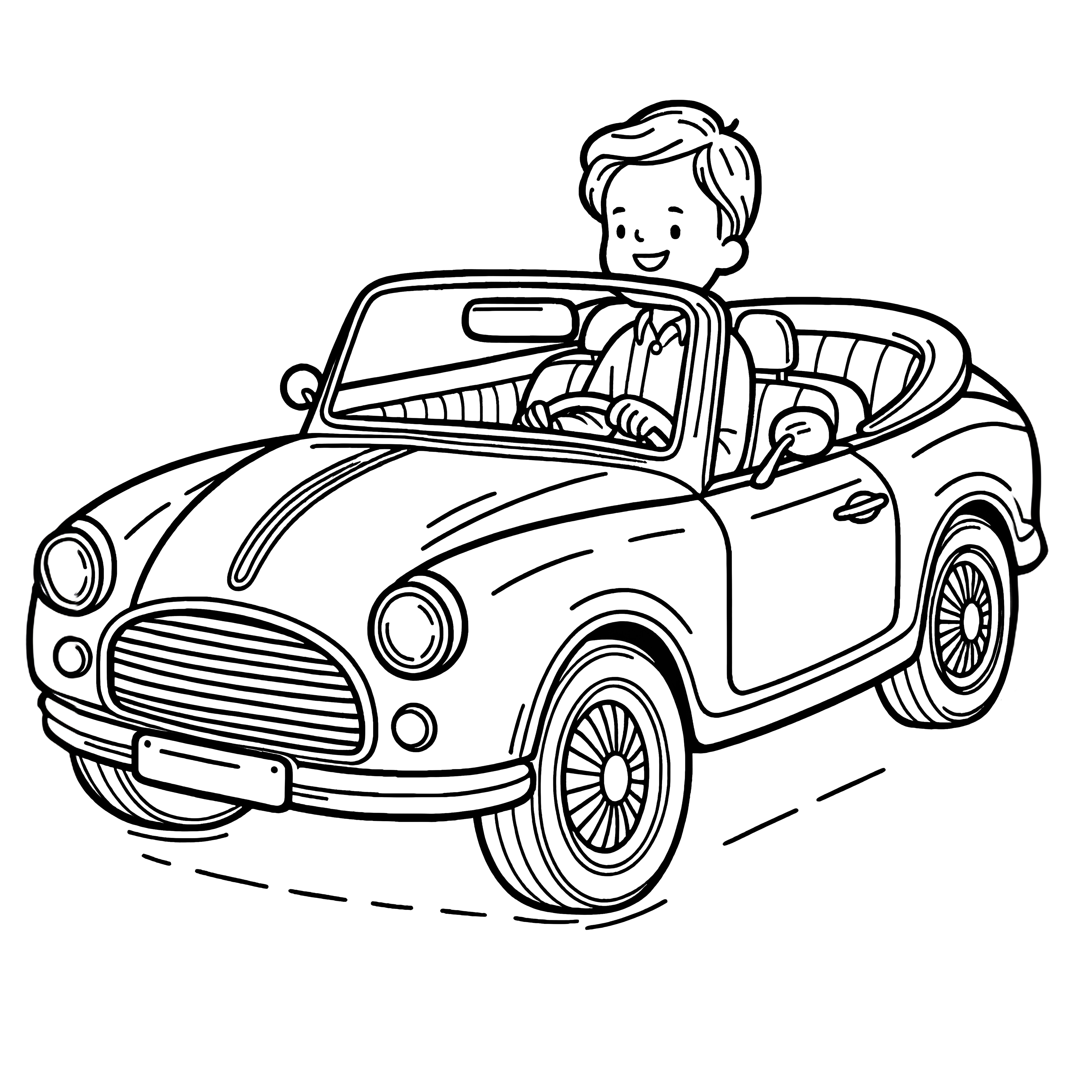 Happy man in a convertible: coloring picture for children (Free)