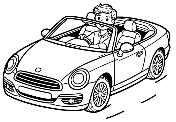 Cabriolet sportif avec un homme: Image à colorier simple pour les enfants (gratuit)