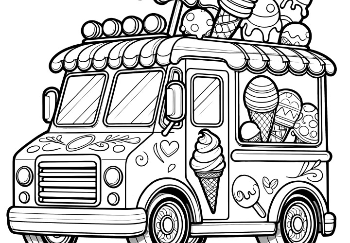 Colorful ice cream truck: Coloring picture available for free download