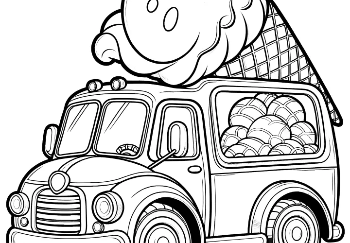 Ice cream truck in vintage car style: Coloring page for download (Free)