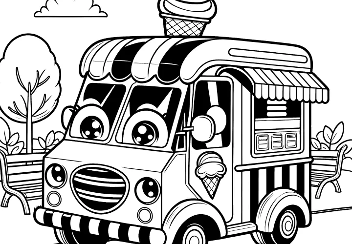 Cute ice cream truck with big eyes: Simple coloring picture for kids (Free)