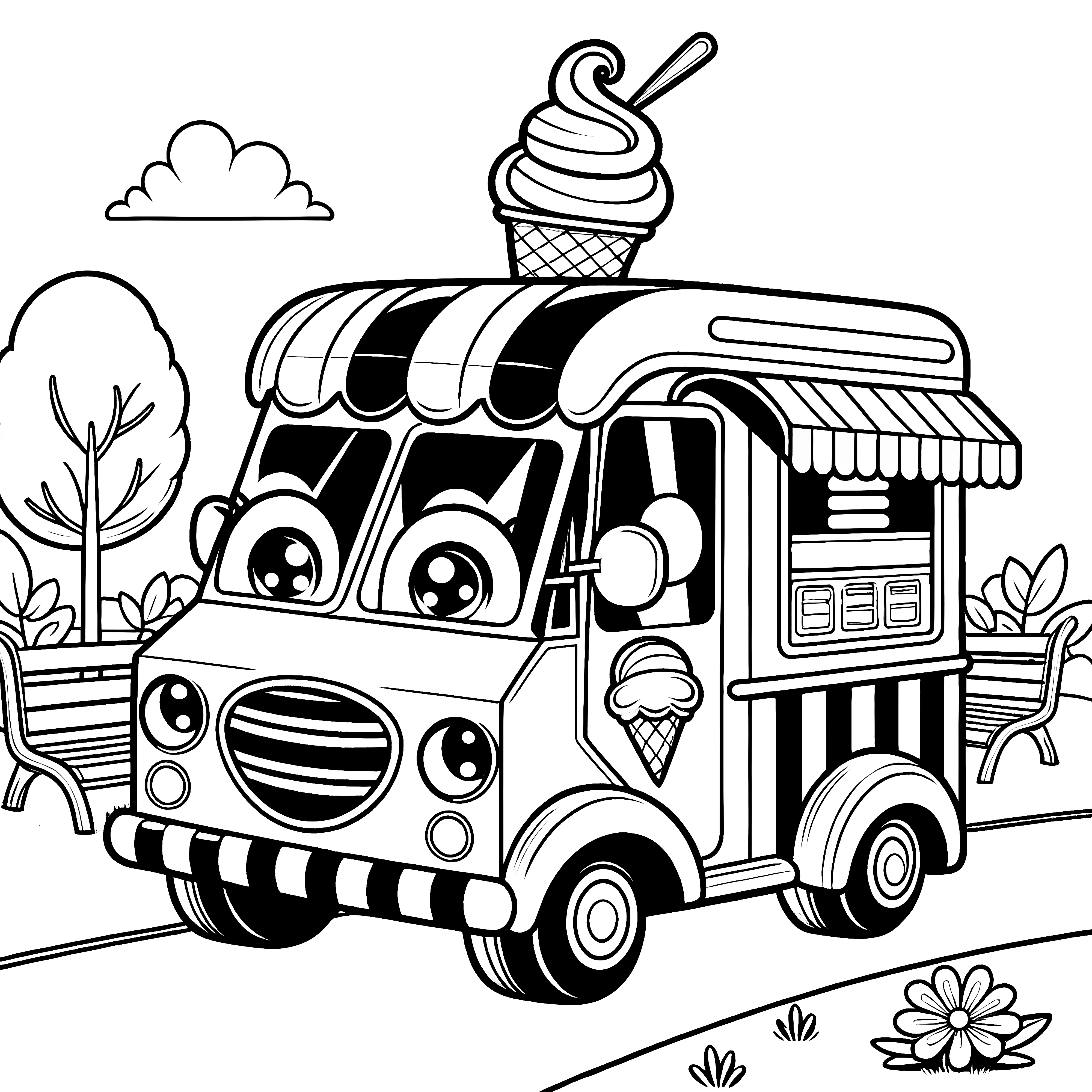 Bonito coche de helados con ojos grandes: Dibujo para colorear fácil para niños (Gratis)