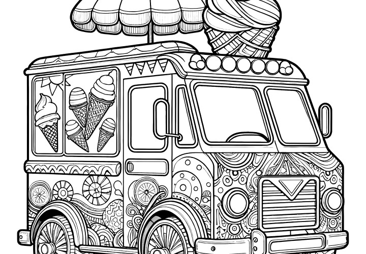 Camion de glace fantaisiste avec parasol : coloriage à télécharger (gratuit)