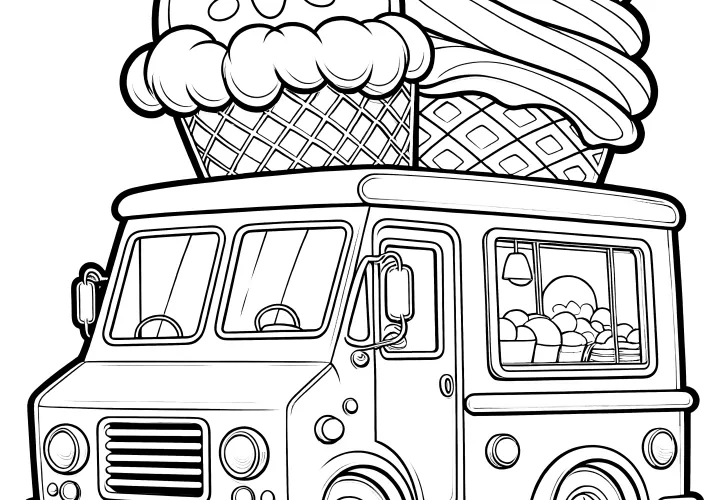 Ice cream truck with smiling ice cream: For coloring and printing (Free)