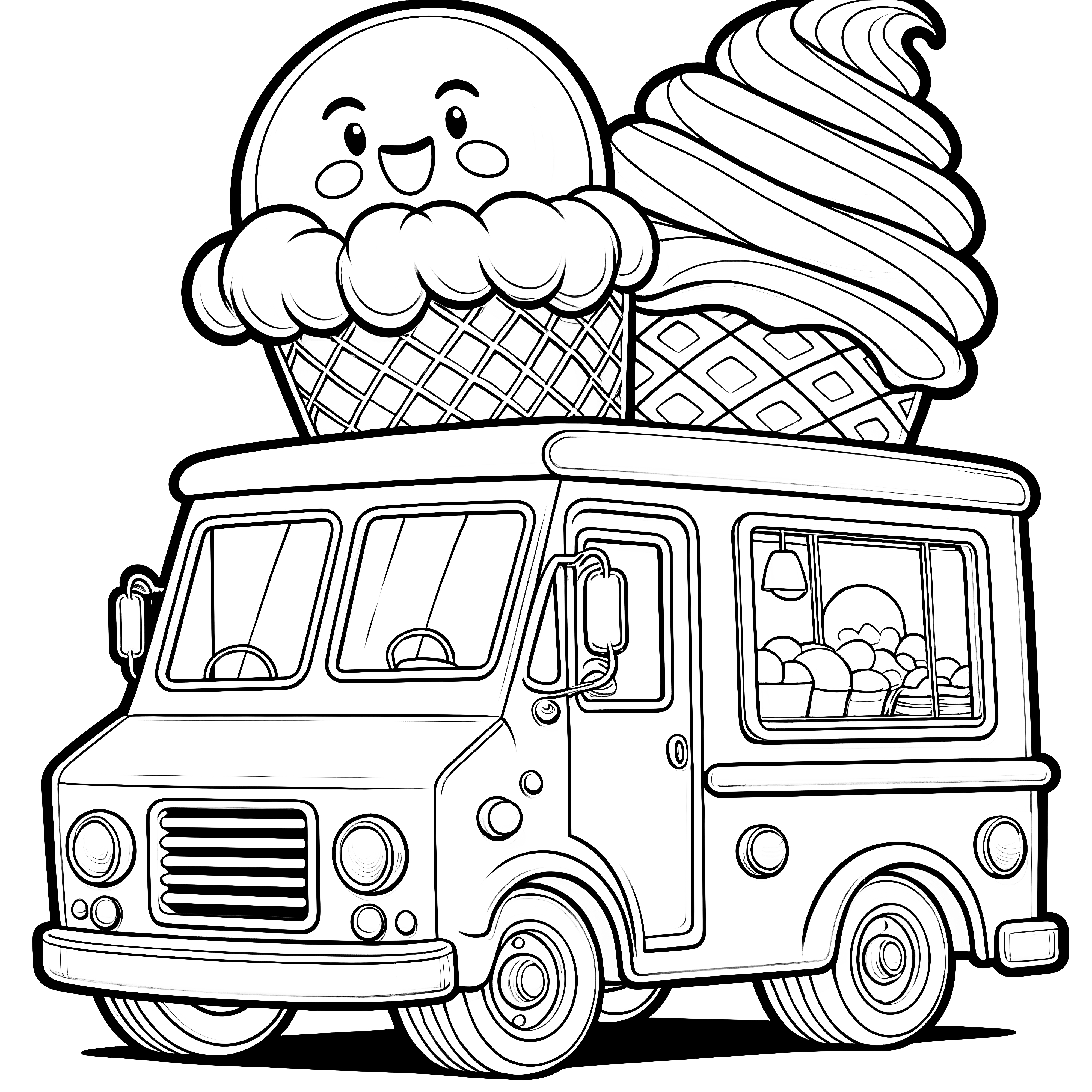 Ice cream truck with smiling ice cream: For coloring and printing (Free)