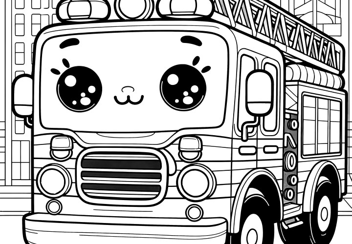 Camion de pompiers mignon avec un visage : Modèle de coloriage simple pour enfants (Gratuit)