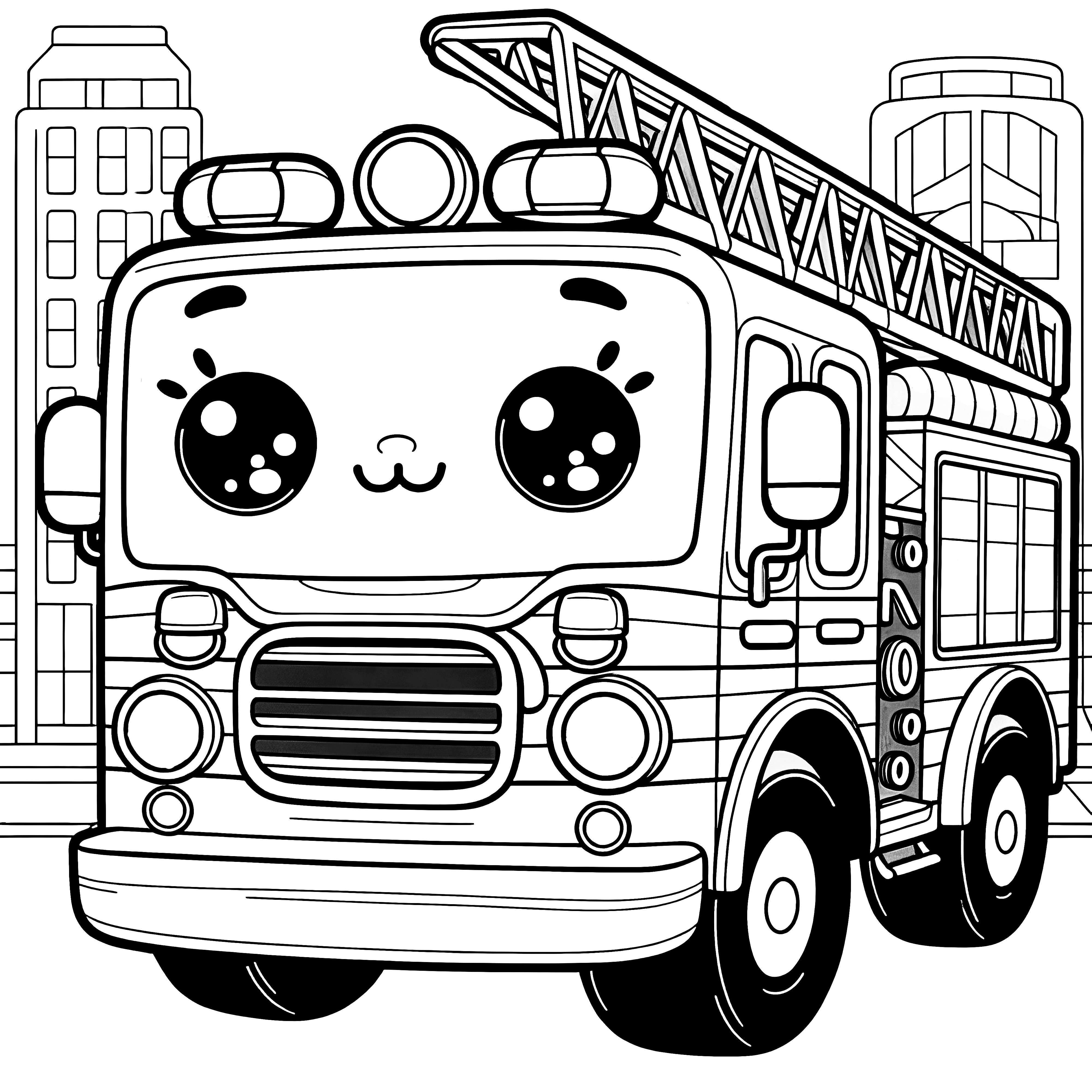 Camion de pompiers mignon avec un visage : Modèle de coloriage facile pour les enfants (Gratuit)