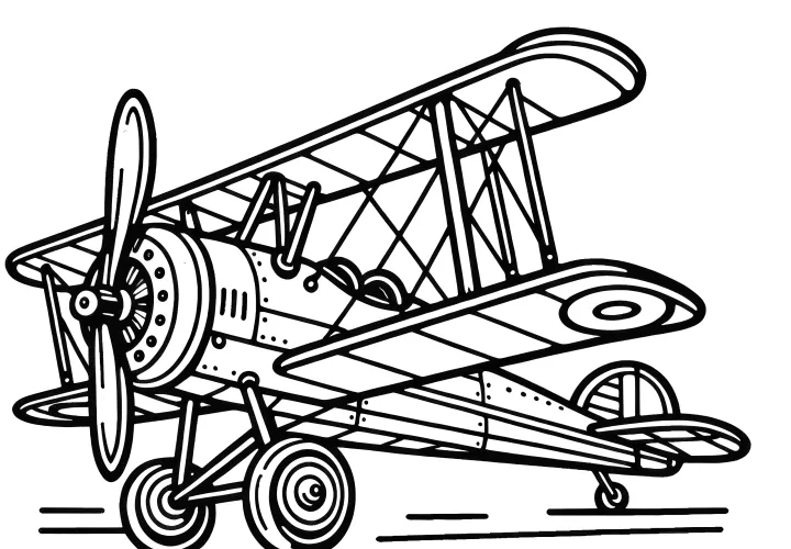 Biplano simples: página para colorir de um avião, descarregada gratuitamente