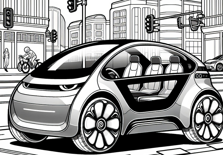 Petite voiture futuriste en ville : téléchargez gratuitement le coloriage