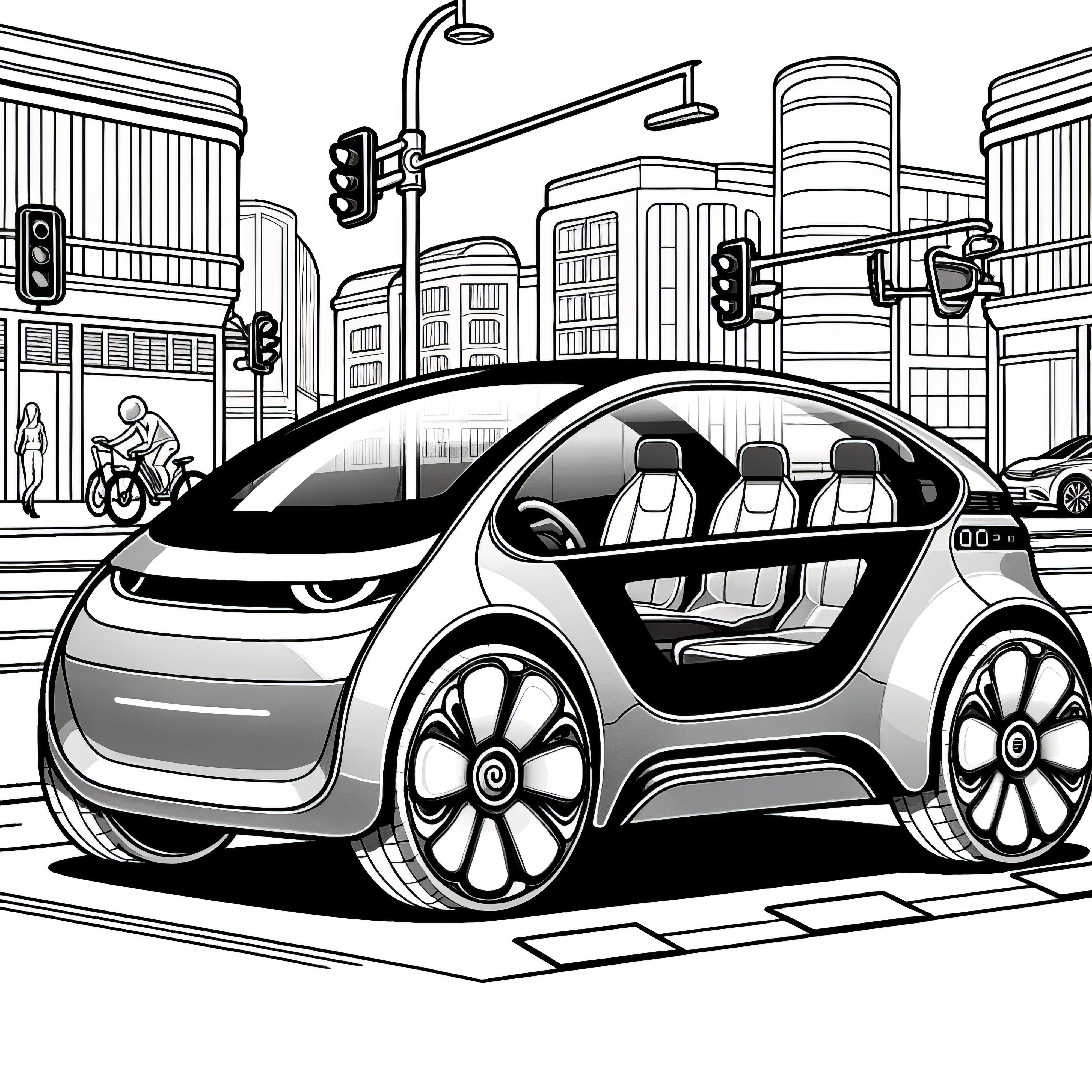 Petite voiture futuriste en ville : téléchargez gratuitement la page à colorier