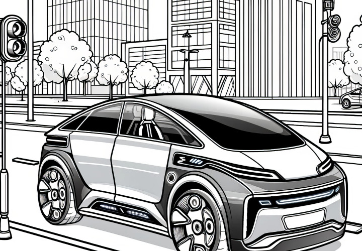 Voiture familiale futuriste avec toit panoramique en ville : coloriage gratuit