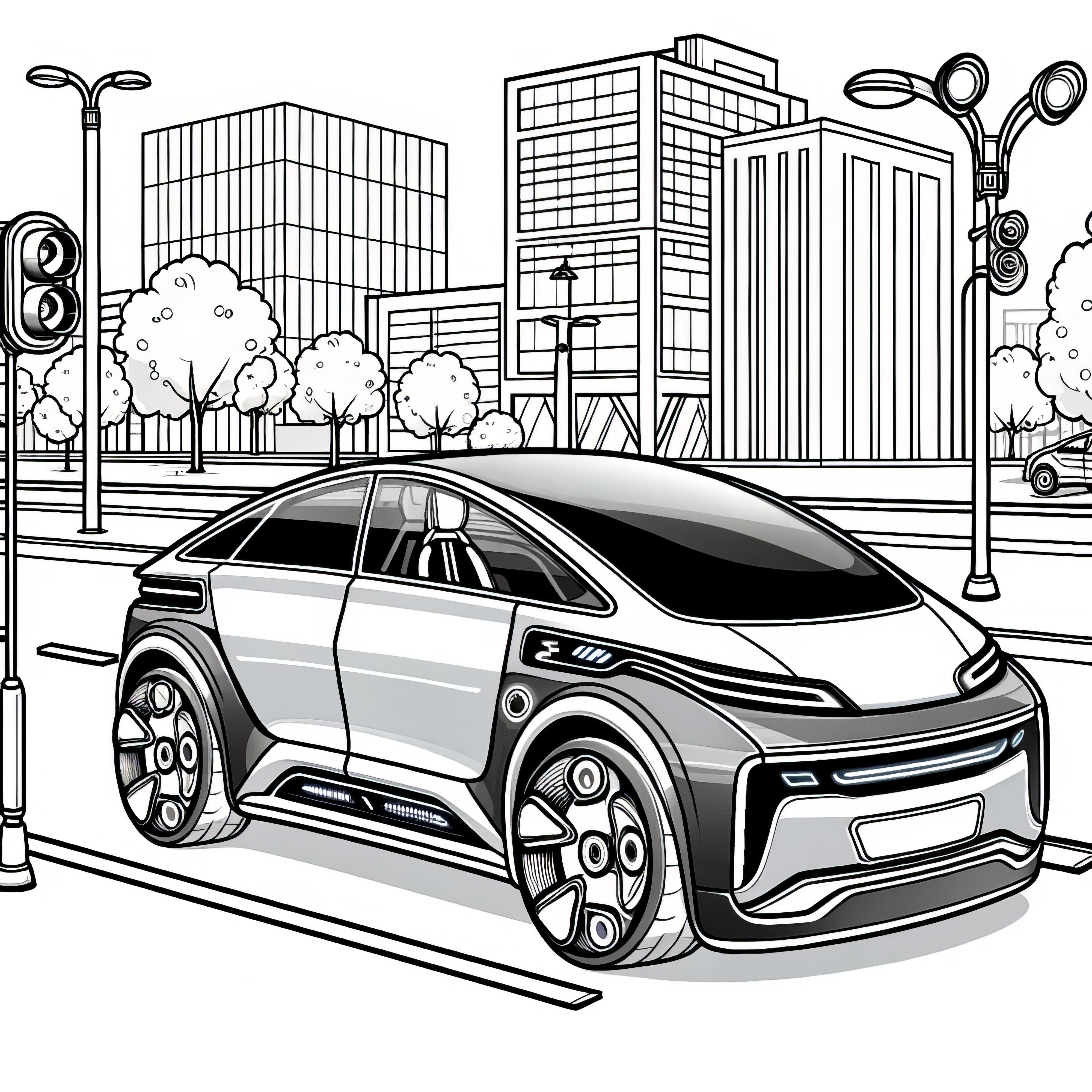 Futuristic family car with panoramic roof in the city: coloring page for free