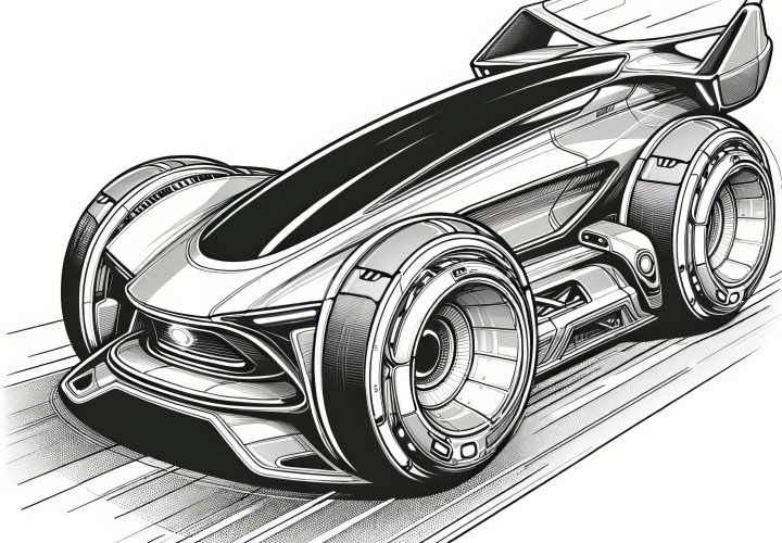 Voiture de course futuriste avec des pneus larges : Coloriage à télécharger gratuitement