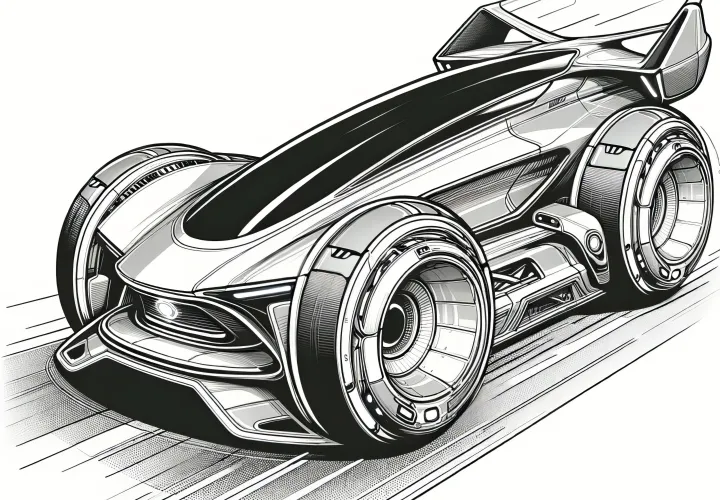 Futuristic racing car with wide tires: Coloring page for free download