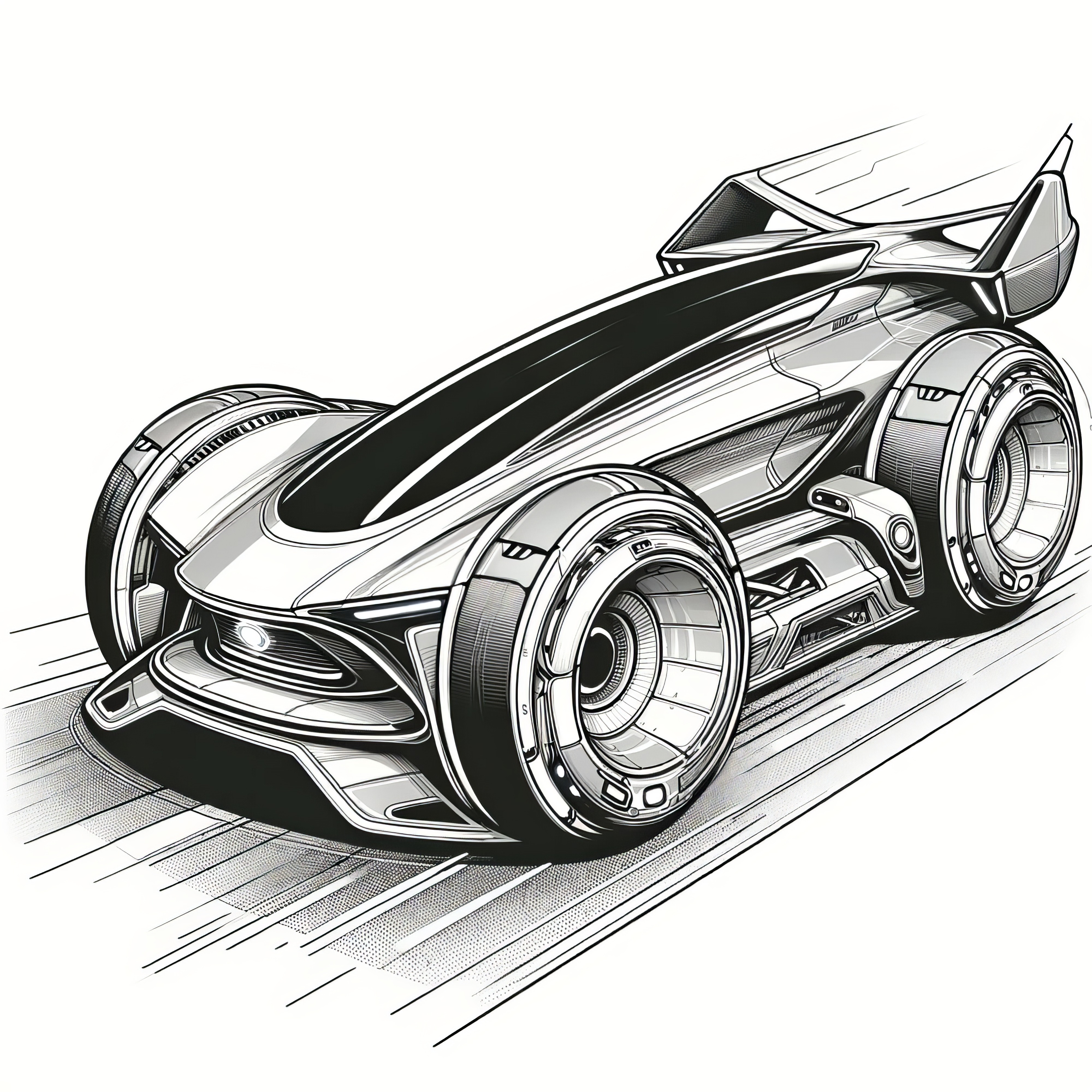 Futuristic race car with wide tires: coloring page for free download