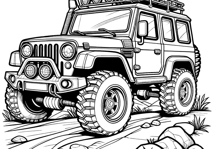 Voiture tout-terrain sur un sentier rocailleux : coloriage à télécharger (Gratuit)