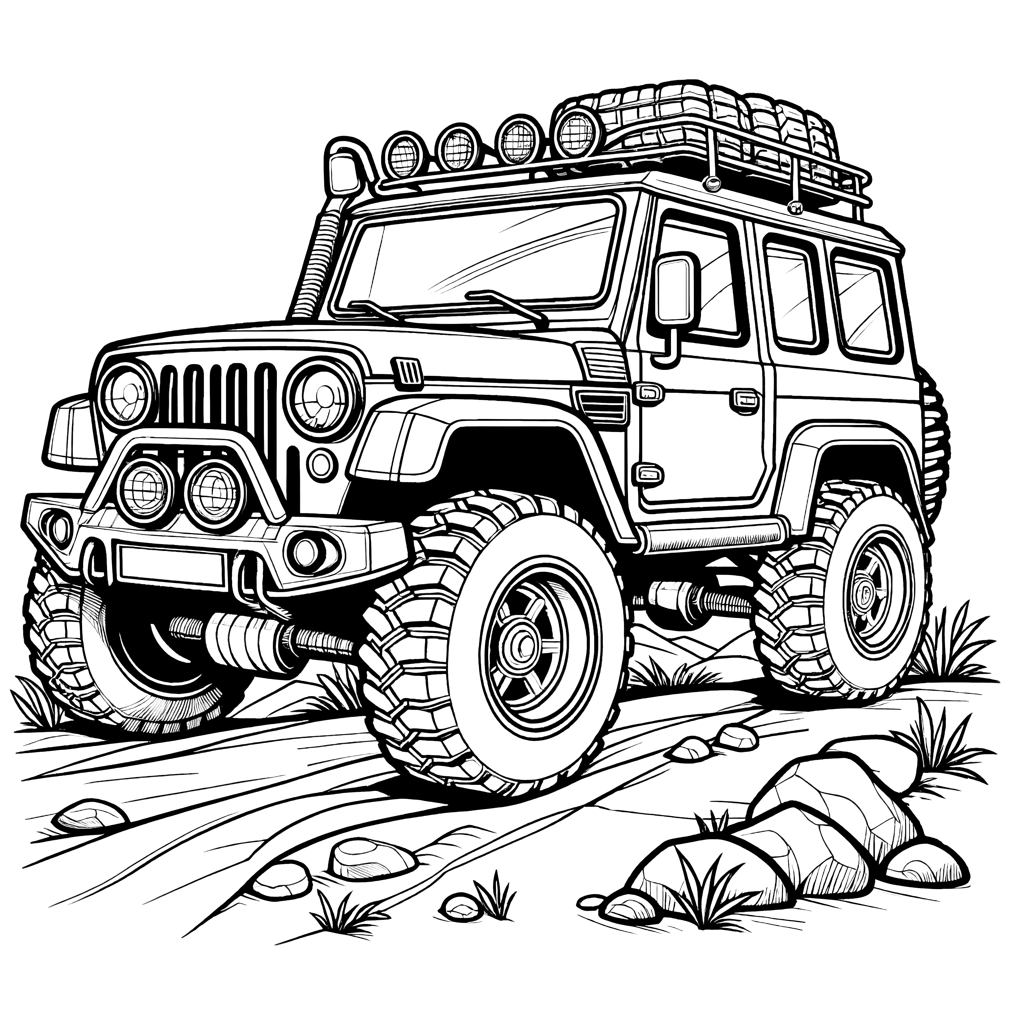 SUV on rocky track: Coloring picture to download (free)