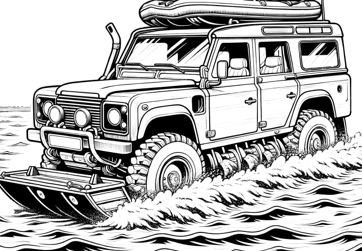 SUV drives through water: coloring page for download (free)