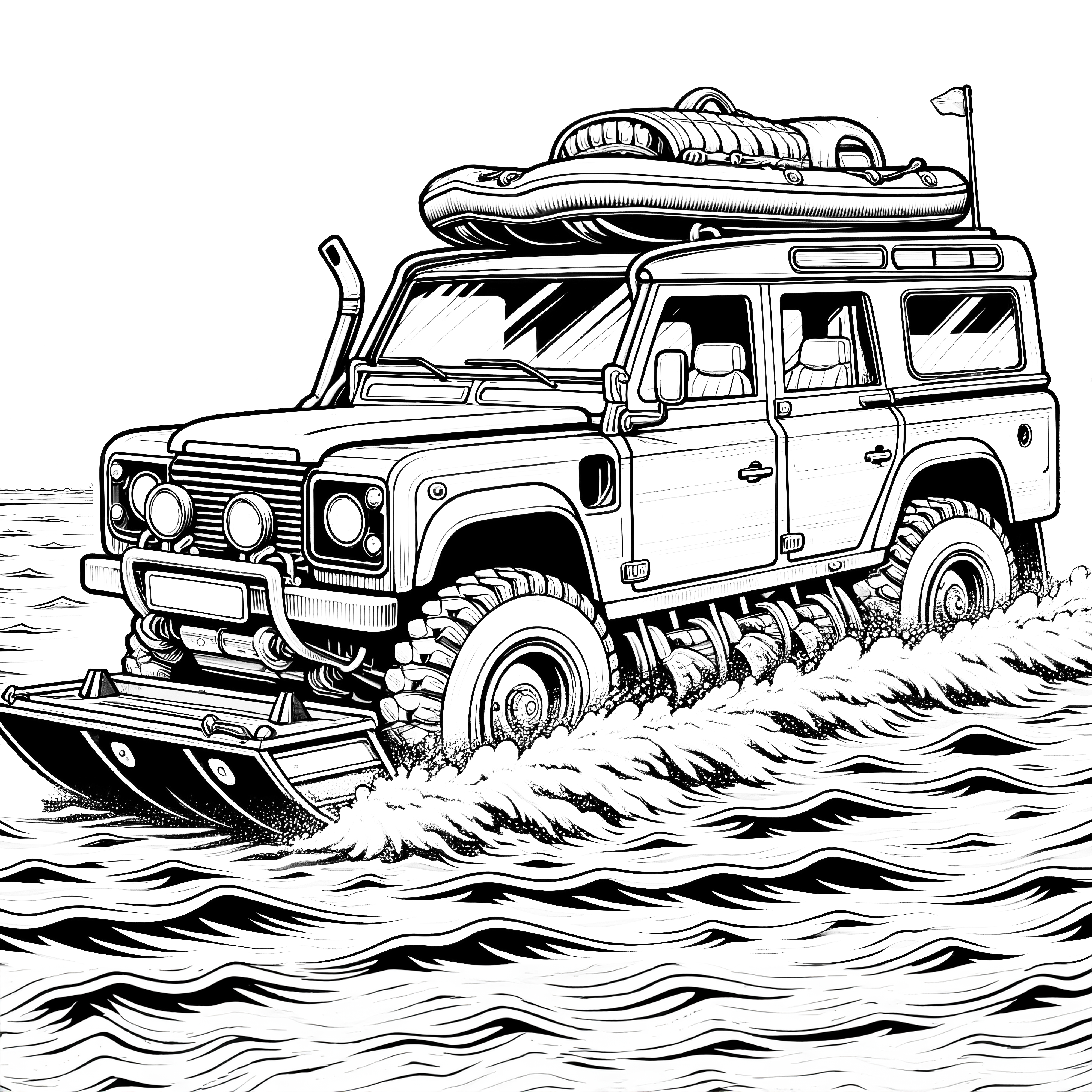 SUV drives through water: Coloring page for downloading (free)