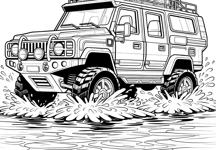 SUV in the water: Coloring page available for free download