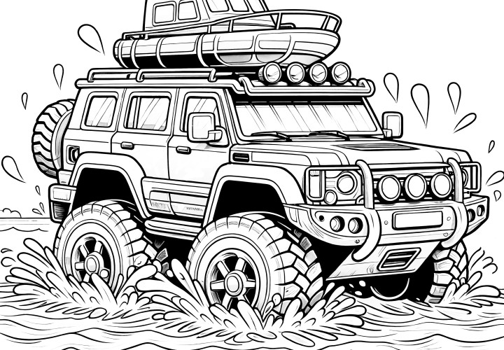 Véhicule tout-terrain avec un bateau sur le toit : Coloriage gratuit