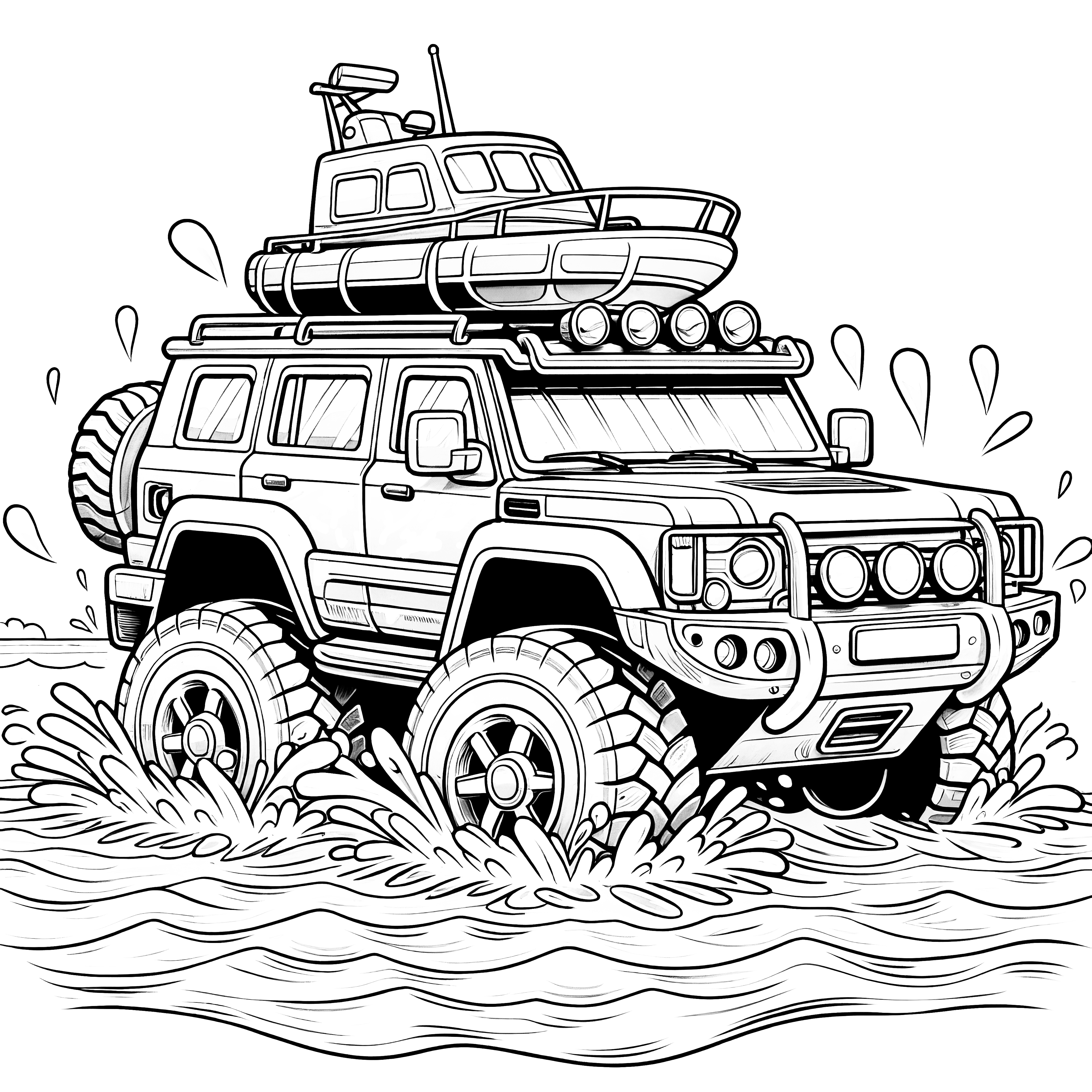 Off-road vehicle with boat on roof: Free coloring page (gratis)