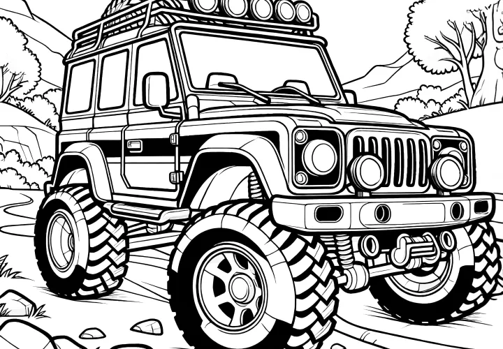 SUV in front of mountain landscape: coloring page for download (Free)