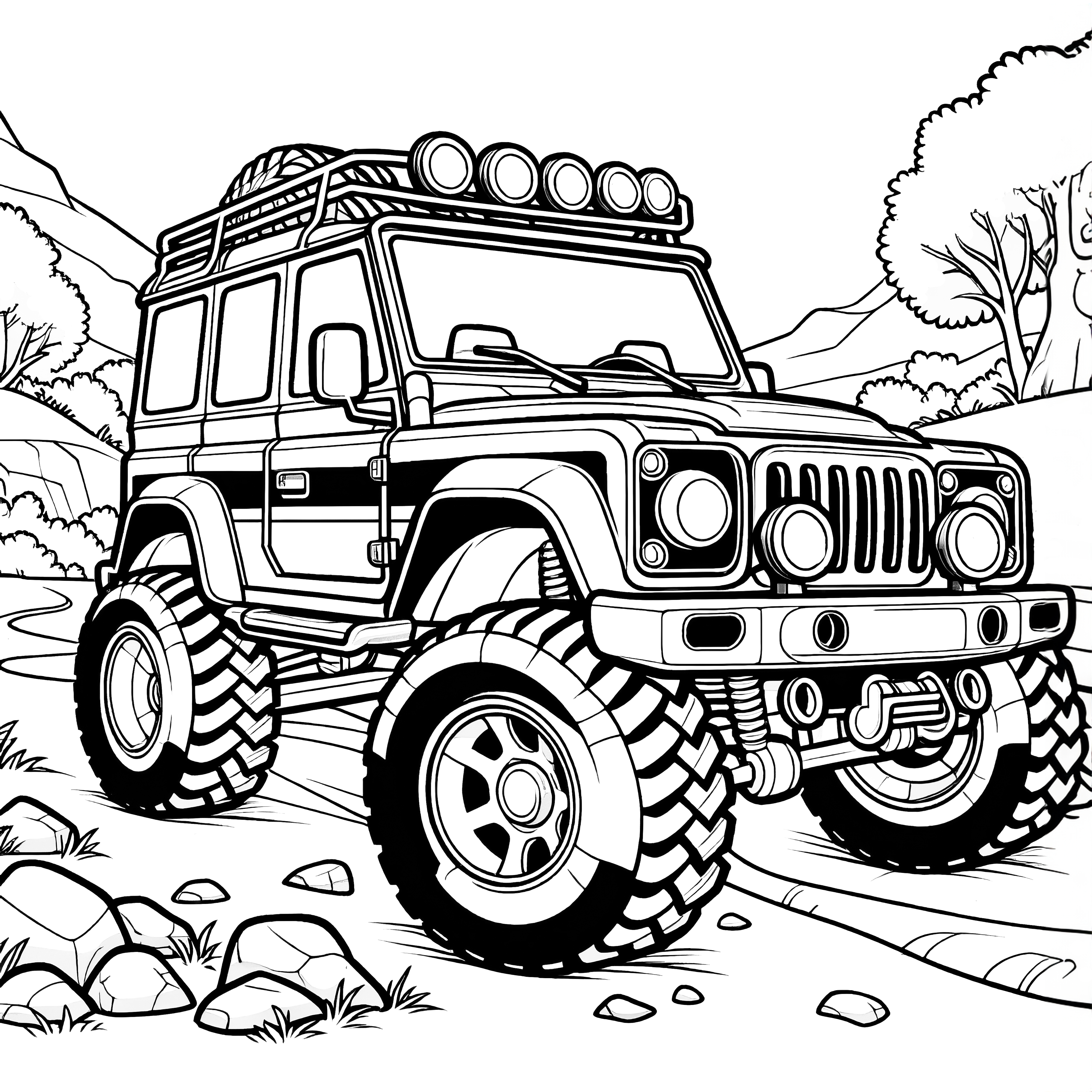 SUV in front of mountain landscape: Coloring page to download (Free)