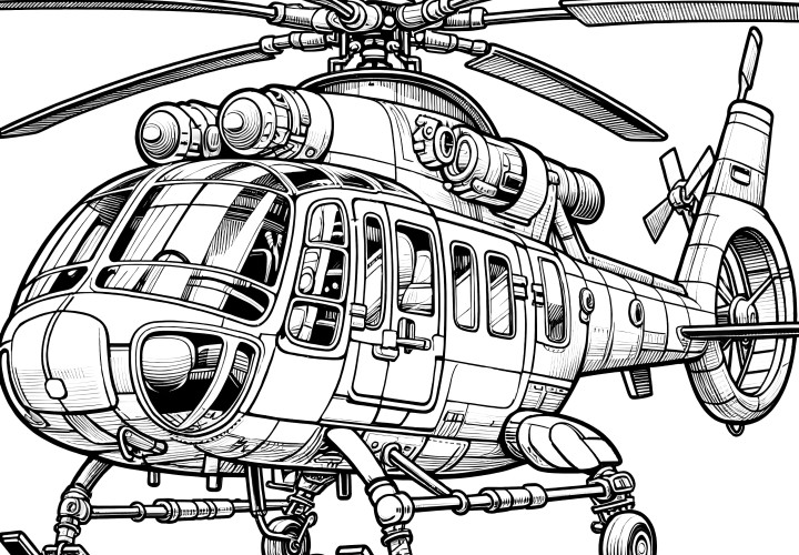 Military helicopter: Complex coloring template for download (Free)