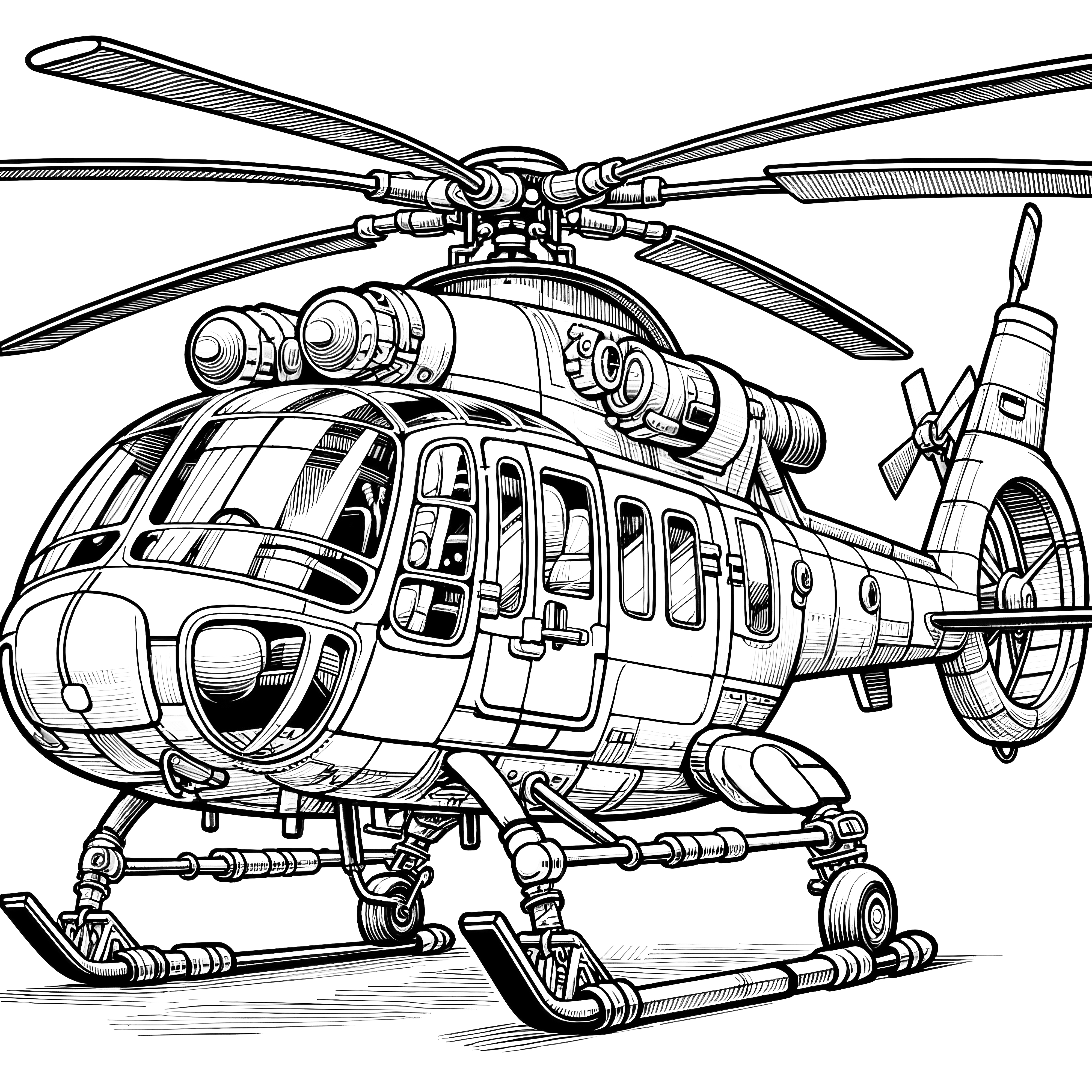 Military helicopter: Complex coloring page for download (Free)