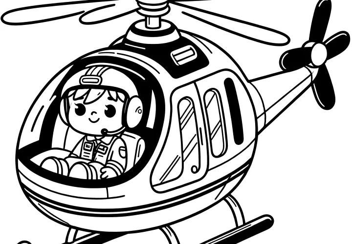 Cute toy helicopter with pilot: Coloring page for download (free)