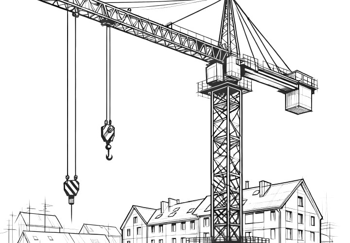 Complex crane in front of buildings: Download coloring page for free